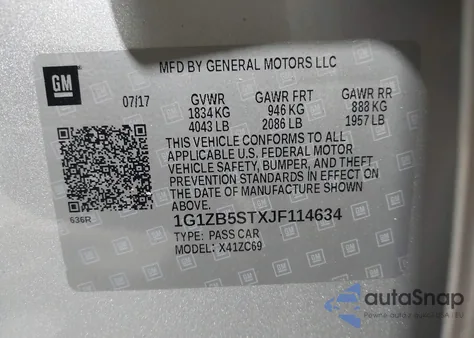 2018 Chevrolet Malibu 1Ls z USA, uszkodzony, nr VIN 1G1ZB5STXJF114634